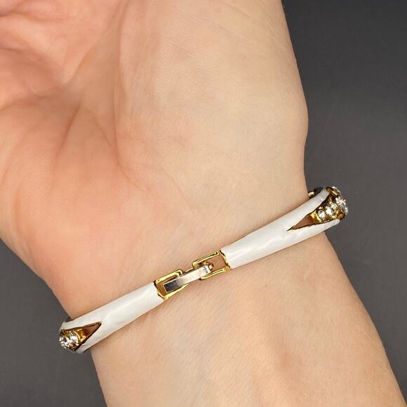 Vintage ERWIN PEARL Bracelet 10K GP White Enamel Crystal Linked Panels RARE - Picture 7 of 10